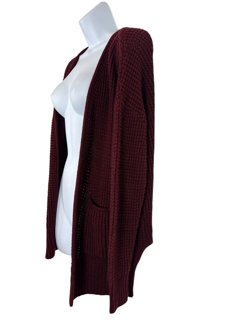 Zenana Open-Front Chunky Knit Cozy Layering Cardigan Burgundy Front Pockets SzS